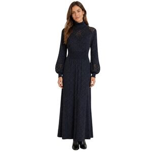 Vintage Wenjilli Metallic Knit Turtleneck Maxi Dress Navy Blue Shimmer Size 5/6